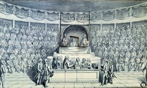 Den Franske Revolution: Kong Ludvig XVI (1754-1793) ved roret bliver afhørt af Antoine Barnave (1761-1793) under hans retssag for det nationale konvent, som vil afgøre hans dødsdom den 21/01/1793. Anonym tegning omkring 1793. Paris, Louvre Museu af French School