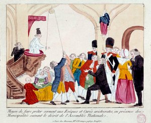 Fransk revolution: "" Midler til at aflægge ed på aristokratiske eveques og kure, i nærværelse af kommuner efter dekret fra Nationalforsamlingen"" En remskive bruges til at hæve deres arm. Populært tryk fra det 18. århundrede. Paris, Musée Carnavalet af French School