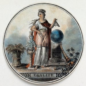 Fransk revolution: allegori om Egalite som en kvinde, der holder en plads nær den franske republik, et horn af overflod. I slutningen af det 18. århundrede Paris, B.N. af French School