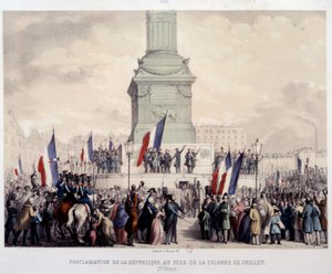 Den franske revolution i 1848: Proklamation af den anden republik ved foden af juli-søjlen på Place de la Bastille den 25/02/1848. Litografi fra det 19. århundrede. Paris, Musee Carnavalet af French School