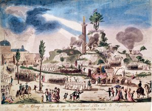 Den Franske Revolution: Det Højeste Væsens Fest på Champs de Mars den 8/06/1794 (20 Prairial An II). Anonym gravering af det 18. århundrede. af French School