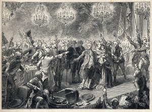 Den franske revolution: royalisterne sværger loyalitet til monarkiet i nærværelse af kong Louis XVI (1754-1793) af dronning Marie Antoinette (1755-1793) og delfinen ved livvagternes banket, der blev organiseret den 1. oktober 1789 i Orangerie de Versailles af French School