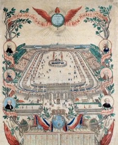 Den franske revolution: Udsigt over festen for den nationale føderation den 14.7.1790 på Champs de Mars. Stik fra 1790. Paris, Nationalarkivet af French School