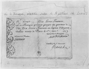 Fransk pengeseddel på ti pund fra Law Bank, dateret 1. april 1719 af French School