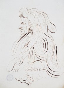 Fransk kalligrafi: Portræt af Fader Voltaire af Bernard de Paris omkring 1780. Historisk bibliotek i byen Paris. af French School