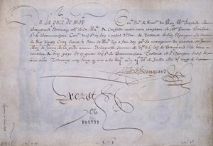 Fransk kalligrafi: Recu til fordel for Bernard de Beaugrand leverer den 2. juli 1623. Historisk bibliotek i byen Paris. af French School