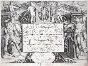 Fransk kalligrafi: Teknografi, frontispice af Guillaume the Gangneur omkring 1599. Historisk bibliotek i byen Paris. af French School