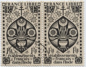 Franske etablissementer i Indien - FRANKRIG LIBRE og Korset af Lorraine - Frimærke 1942 af French School