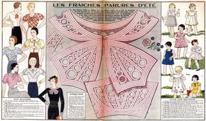Fransk mode i sommeren 1934: feminin mode (bluser) og barnlig mode (kjoler og kostumer). I "Le petit echo de la mode" af French School