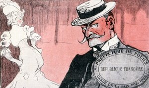 Fransk politi undersøger en prostitueret, inden hun arresteres. 1800-tallets Frankrig. Fransk illustration 1890 af French School