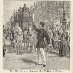 Fransk politimand bruger sin stafet til at dirigere trafikken på gaderne i Paris (gravering) af French School