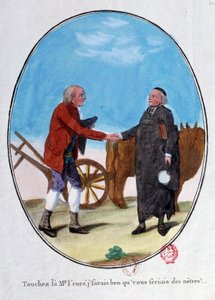 Fransk revolution: en bonde og en præst giver hinanden hånden. "Rør på herren, jeg vidste, du ville være en af os." Tegneseriestik fra slutningen af det 18. århundrede. Paris, Arsenals bibliotek af French School