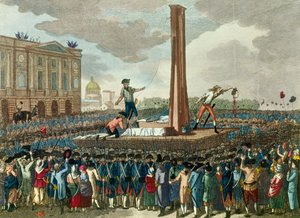 Den franske revolution: henrettelse i guillotinen af kong Ludvig XVI (1754-1793), bødlen præsenterer hans afskårne hoved. Stik efter tegning af Fious. Det 18. århundrede. Paris, Musee Carnavalet af French School
