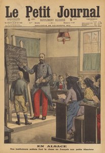 Fransk soldat underviser en klasse skolebørn i fransk i Alsace (farve litho) af French School