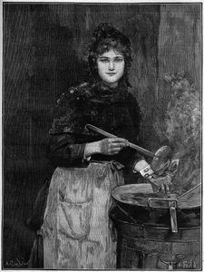 Stegte kartoffelhandler; 1888 gravering fra Achilles Foalds maleri. af French School