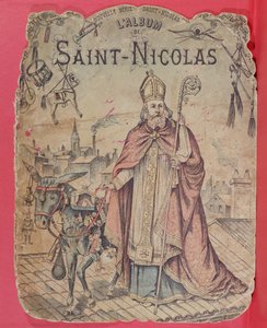 Forside på et billedalbum, der viser Skt. Nicholas, der bringer gaver til børnene, sent i det 19. århundrede (farvegravering) af French School