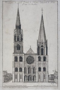 Frontispice af den store portal til Church Cathedrale de Notre Dame à Chartres, designet på stedet af Saint Vincent Geographer Engineer, sd. 19. århundrede af French School