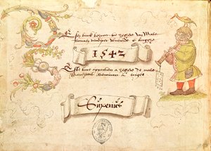 Frontispice fra Recueil de chants religieux et profanes IX forestillende en bebrillet mand, der spiller et blæseinstrument med en fugl på hovedet, 1542 af French School