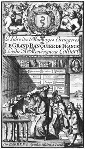 Frontispice af Le Grand Banquier de France ou Le Livre des Monnaies Etrangeres af Bertrand Francois Barreme (1640-1703) slutningen af ​​det 17. århundrede af French School