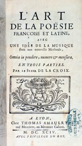 Frontispice af kunsten at fransk og latin poesi, med en idé om musik under en ny metode af Pherotee La Croix af French School