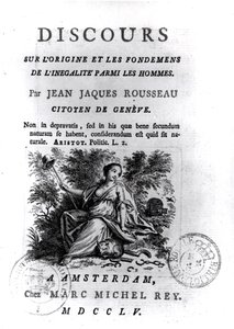 Frontispice til diskurs om oprindelsen og grundlaget for ulighed blandt mænd af Jean-Jacques Rousseau (1712-78) ca. 1755 af French School