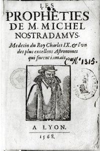 Frontispice til Les Propheties de M. Michel de Nostradamus (1503-66), med et portræt af Nostradamus, udgivet i Lyon 1568 af French School