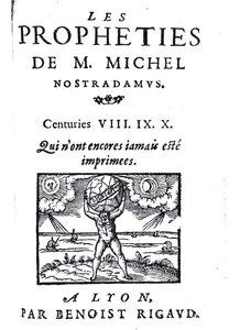 Frontispice til The Prophecies of M. Michel Nostradamus, pub. af Benoist Rigaud, 1568 af French School