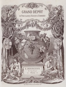 Frontispice til kataloget over Grand Depot de Porcelaines, Faiences et Verreries (farve litho) af French School