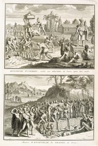 Begravelsesritualer og måden at begrave herrer efter deres død i Peru, illustration fra religiøse ceremonier og skikke, indgraveret af Bernard Picart (1673-1733) 1722 af French School