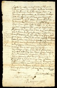 Pelshandelskontrakt mellem Francois Francoeur og fire voyageurs om transport af varer og køb af bæverpels i Michilimackinac og Chicago, 1692 (se også 332318) af French School