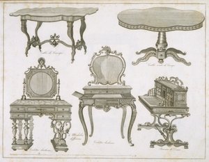 Møbeldesign af Lefevre-Chauveaux, fra Album Dessins de Meubles, sort/hvid gravering af French School