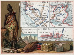 Gabon, Tunesien og Guineekysten i Afrika. Serie om de franske kolonier. Råmateriale: tyggegummi, svamp, tobak og silke, elfenben. Chromolithography (Chromo) "" den geografiske tråd"", ca. 1920. Privat samling. af French School