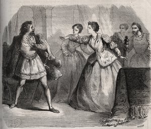 Gabrielle de Vergy bestrider sin forlovede, Eudes de Fayel, som er jaloux på det venskab, hun har med sin fætter, Albert de Nozereau. Scene af en legende fra det 12. århundrede. Indgravering fra 1871 i "Histoire Des Cocus Celebres"" af Henry de Kock (1819- af French School