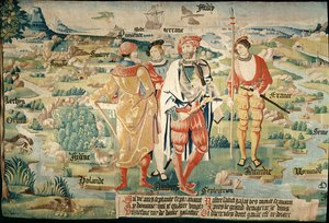 Galathes, gallernes 11. konge med et kort over Gallien bagved, detaljer fra et gobelin om gallernes kongers historie, Arras Workshop, ca. 1530
