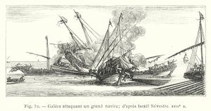 Galley angriber et stort skib; efter Israel Silvestre, 1600-tallet (stik) af French School