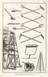 Haveredskaber og en mobil beskæringsplatform fra Encyclopedie des Sciences et Metiers af Denis Diderot (1713-84) udgivet ca. 1770 af French School