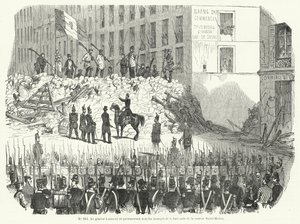 General Lamoriciere forhandler med bevæbnede arbejdere, der forsvarer deres barrikade uden for Saint Martin-kasernen, Paris, 23. juni 1848 (gravering) af French School