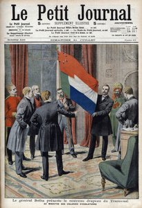 General Pieter Willem Botha (en Boer) præsenterer det nye flag for Transvaal (Sydafrika) til den engelske koloniminister Lord Elgin - I "Le Petit Journal" af 21. juli af French School