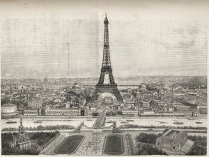 Generel visning af verdensudstillingen i Paris i 1889 med Eiffeltårnet fra Trocadero, gravering - Generelt billede af verdensudstillingen i Paris i 1889 med Eiffeltårnet, gravering i Le Monde illustrious de 1889 af French School