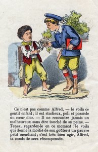 Generøsitet. Barn, der giver halvdelen af sin smag til en lille tigger. Små drenges alfabet. Abecedary har moralsk værdi indeholdende læseøvelser. Epinal billeddannelse sidst i det 19. århundrede af French School