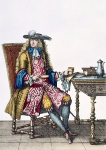 Gentlemans udførlige outfit, 1760 88:A gentlemans kunstfærdige broderet vest, frakke og hat; 99:mand; traditionelle kostume; traditionel kjole; mode; c18th; siddende; skrivebord; fanen af French School