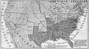 Geografisk kort over USA i marts 1861. Slaveristater er repræsenteret i løbet. Skrevet i hvidt, navnene på de syv konfødererede stater, der adskilte sig fra Unionen: Texas, South Carolina, Mississippi, Florida, Alabama, Georgi af French School