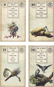 Tysk udgave af Lenormand French cartomancy dæk: Blomsterne, Leen, Birkestangen Pisken, Fuglene, udgivet af Dondorf, Frankfurt, 1800-tallet af French School
