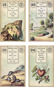 Tysk udgave af Lenormand French cartomancy deck: The Mountain, The Road, The Mice, The Heart, udgivet af Dondorf, Frankfurt, 19th Century af French School