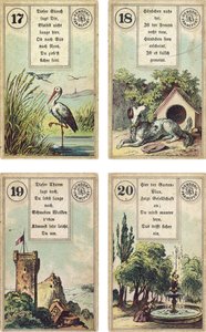 Tysk udgave af Lenormand French cartomancy deck: The Stork,The Dog, The Tower,The Garden, udgivet af Dondorf, Frankfurt, 19th Century af French School