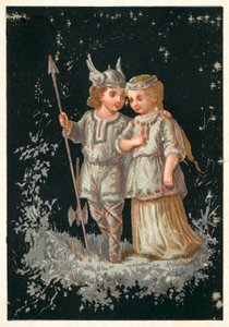 Pige og dreng i nordisk eller germansk dragt (chromolitho) af French School