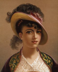 Pige med lyserød hat (chromolitho) af French School