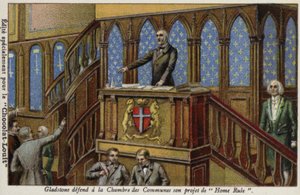 Gladstone forsvarer sin politik for irsk hjemmestyre i Underhuset af French School