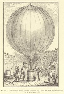 Oppustning af den første brintballon, af Charles, Robert-brødrene og en assistent, fra 23. til 26. august 1783 (gravering) af French School