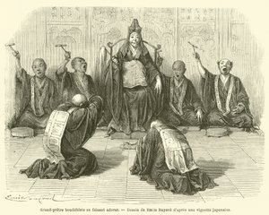 Buddhistisk ypperstepræst bliver tilbedt (gravering) af French School